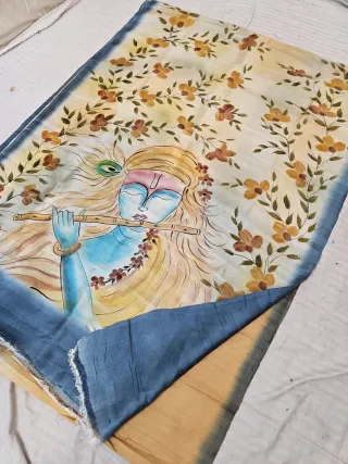 Butter Yellow Hand Painted Lord Krishna Pure Murshidabad Katan Silk Saree