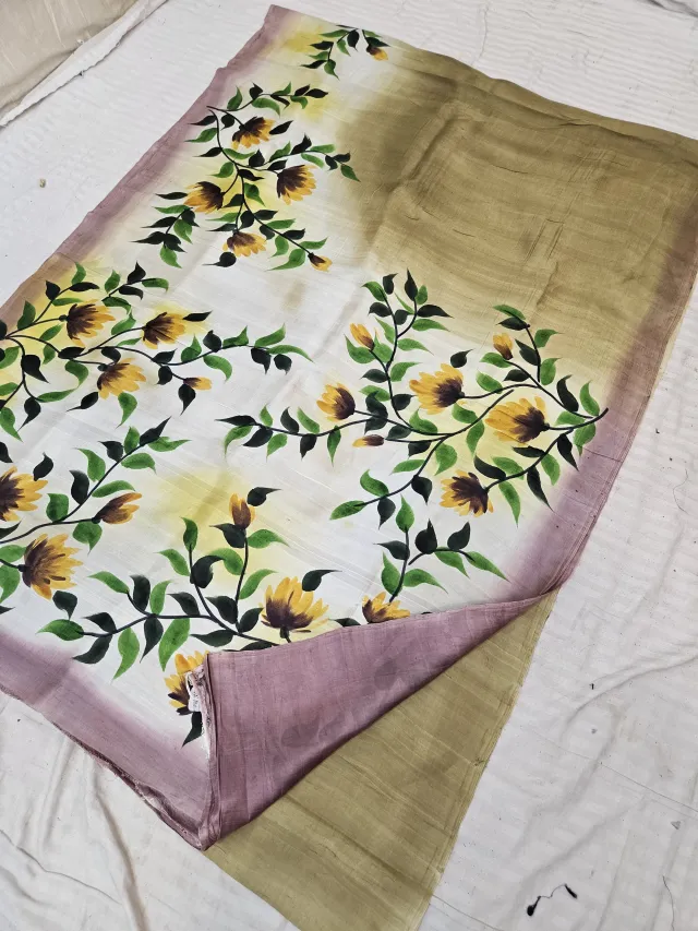 Olive Green Hand Painted Floral Vine Pure Murshidabad Katan Silk Saree