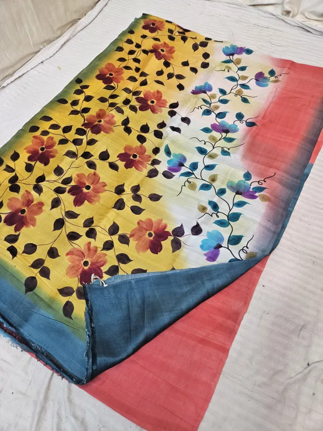Sunshine Yellow Hand Painted Floral Vine Pure Murshidabad Katan Silk Saree