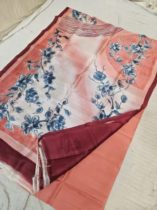 Peach Pink Hand Painted Blue Floral Pure Murshidabad Katan Silk Saree