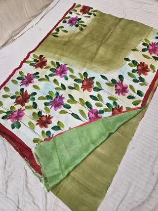 Olive Green Hand Painted Floral Pure Murshidabad Katan Silk Saree