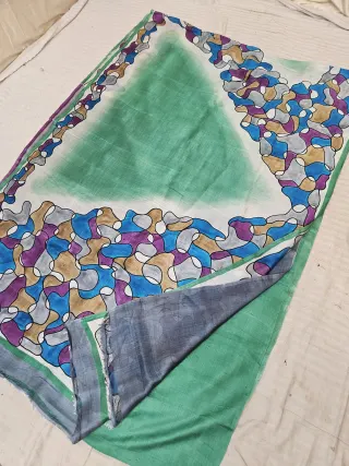 Sea Green Abstract Hand Painted Pure Murshidabad Katan Silk Saree