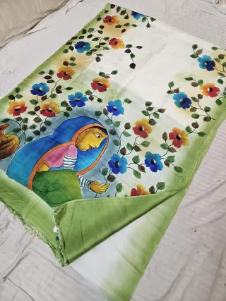 Off-White Hand Painted Village Maiden Pure Murshidabad Katan Silk Saree