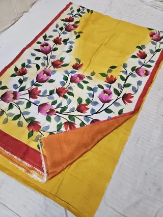 Turmeric Yellow Hand Painted Floral Pure Murshidabad Katan Silk Saree