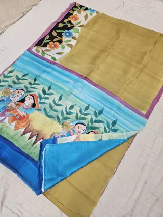 Olive Green Hand Painted Village Maidens Pure Murshidabad Katan Silk Saree