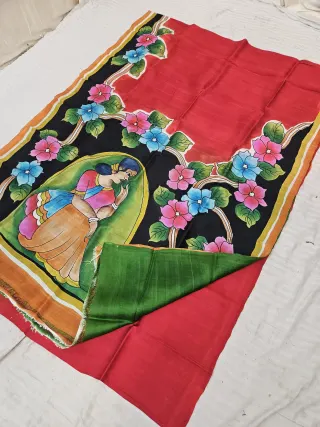 Crimson Red Hand Painted Village Maiden Pure Murshidabad Katan Silk Saree