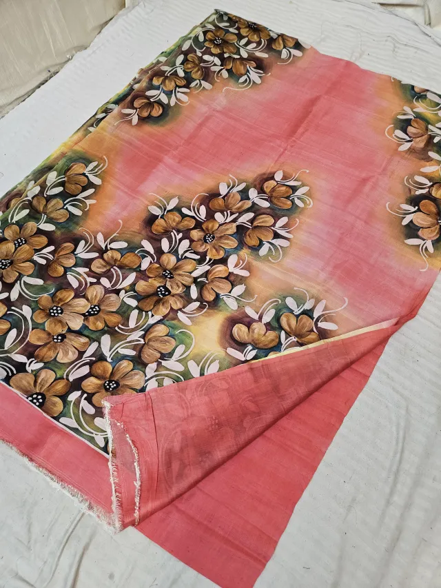 Warm Pink Hand Painted Floral Pure Murshidabad Silk Saree