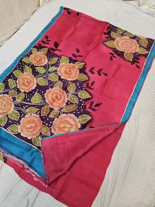 Magenta Pink Hand Painted Peach Rose Pure Murshidabad Katan Silk Saree