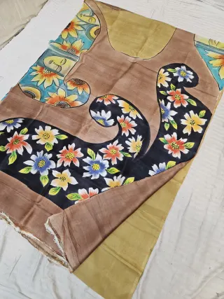 Mocha Brown Hand Painted Buddha Motif Pure Murshidabad Silk Saree