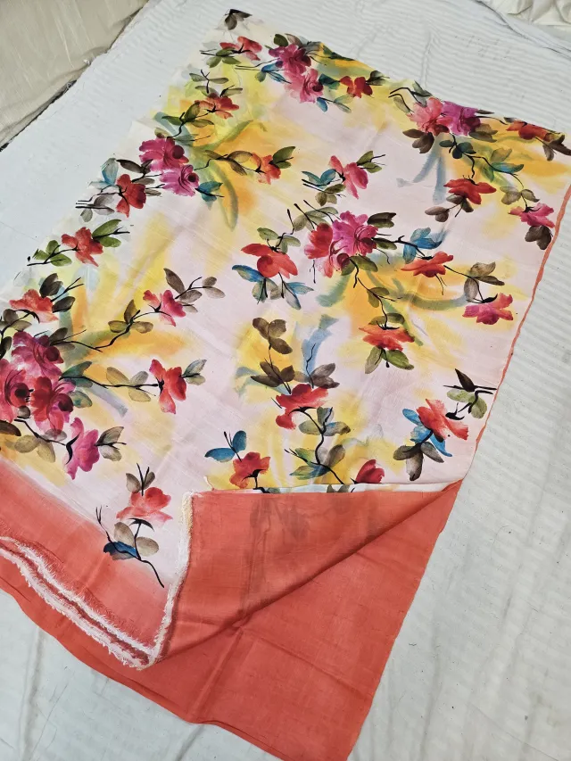 Off-White Hand Painted Floral Pure Murshidabad Silk Saree