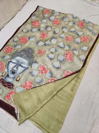 Olive Green Hand Painted Buddha Motif Pure Murshidabad Silk Saree