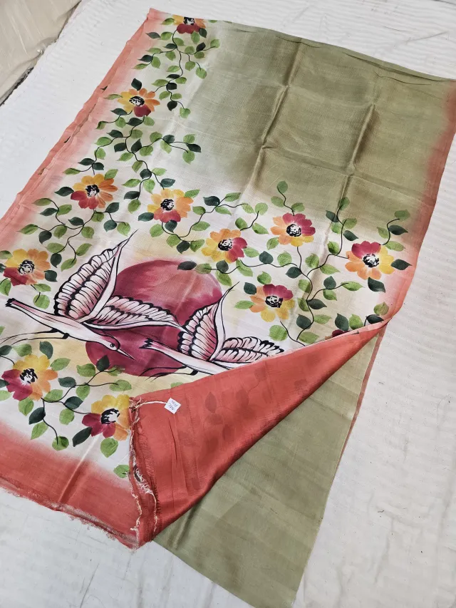 Olive Green Hand Painted Flying Cranes Pure Murshidabad Silk Saree