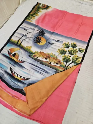 Candy Pink Hand Painted Rural Scenery Pure Murshidabad Silk Saree