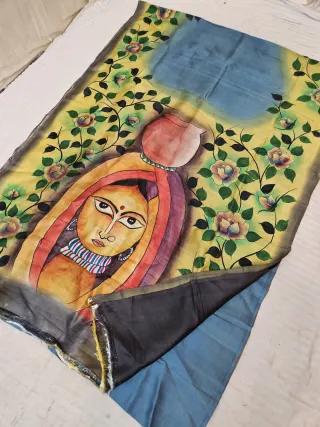 Slate Blue Hand Painted Village Maiden Pure Murshidabad Silk Saree