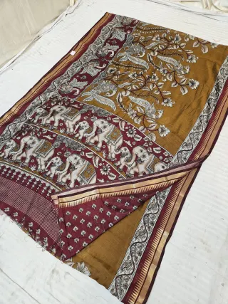Mustard Gold and Maroon Viscose Kalamkari Soft Silk Saree with Royal Elephant Procession & Tree of Life Motif