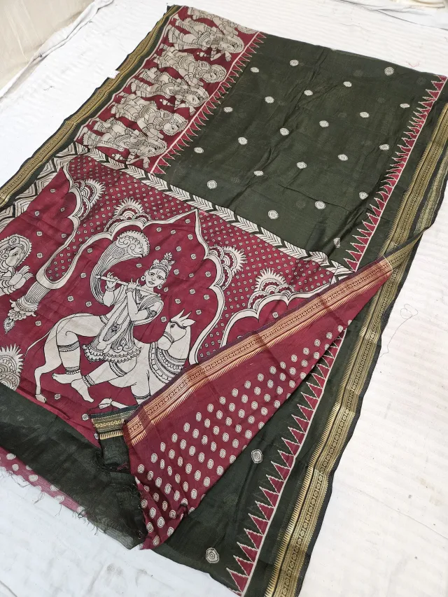 Bottle Green and Maroon Viscose Kalamkari Soft Silk Saree with Lord Krishna, Kamadhenu & Dancing Gopi Motif
