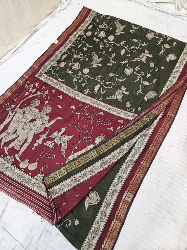 Forest Green and Maroon Viscose Kalamkari Soft Silk Saree with Celestial Apsara & Bird Floral Jaal Motif