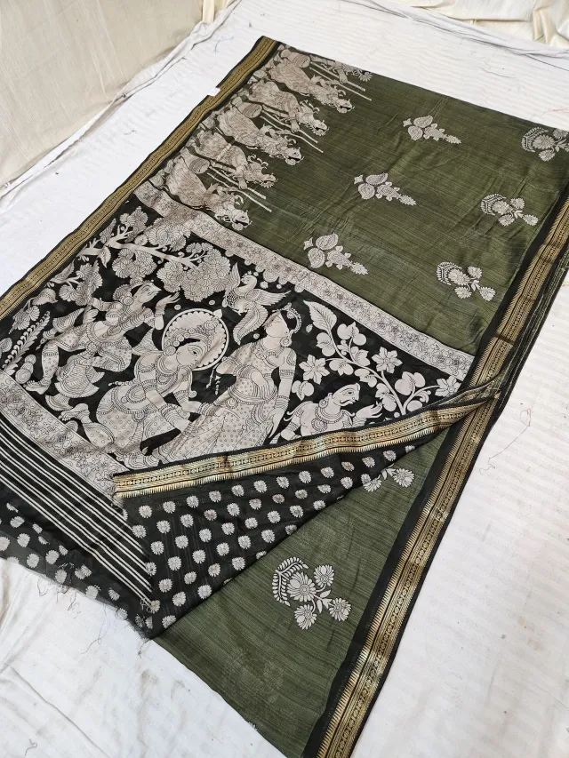 Forest Green and Black Viscose Kalamkari Soft Silk Saree with Radha Krishna & Kamadhenu Cow Procession Motif