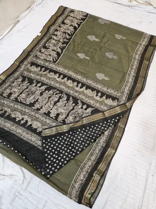 Olive Green and Black Viscose Kalamkari Soft Silk Saree with Classical Temple Dancers & Floral Buta Motif