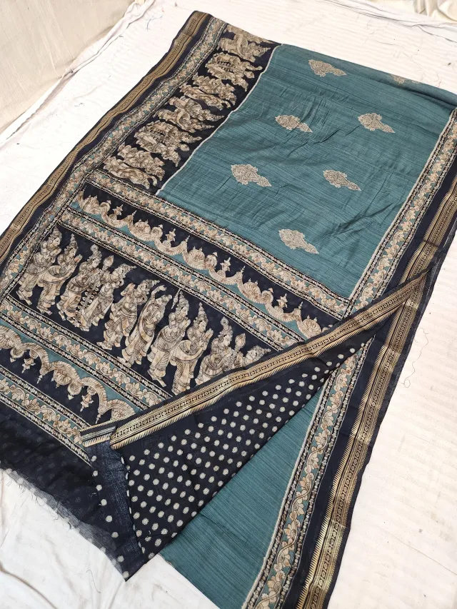 Teal Green and Black Viscose Kalamkari Soft Silk Saree with Classical Temple Dancers & Floral Buta Motif