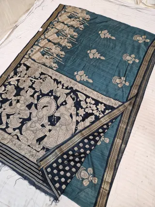 Teal Green and Black Viscose Kalamkari Soft Silk Saree with Radha Krishna & Kamadhenu Cow Procession Motif