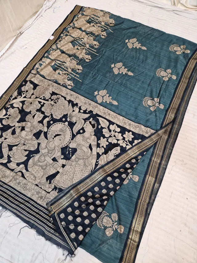 Teal Green and Black Viscose Kalamkari Soft Silk Saree with Radha Krishna & Kamadhenu Cow Procession Motif