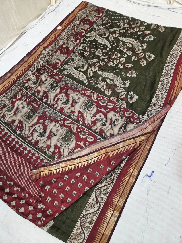 Moss Green and Maroon Viscose Kalamkari Soft Silk Saree with Royal Elephant Procession & Tree of Life Motif