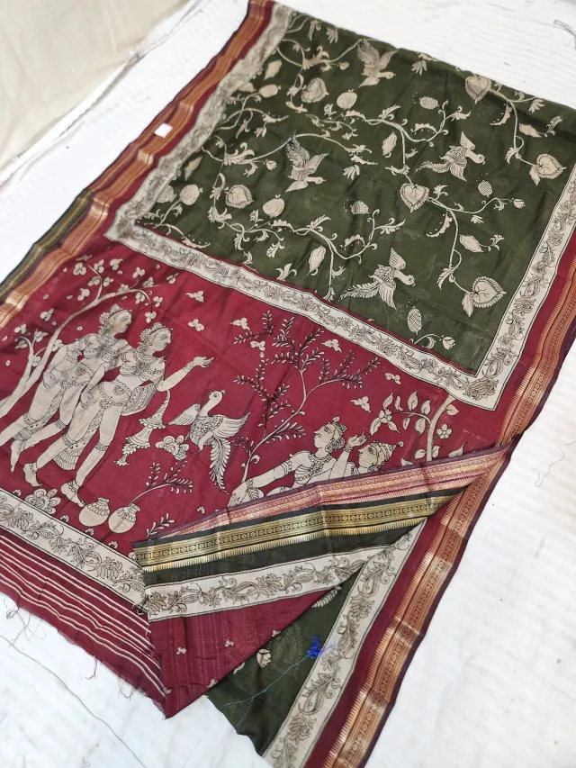 Forest Green and Maroon Viscose Kalamkari Soft Silk Saree with Celestial Apsara & Bird Floral Jaal Motif