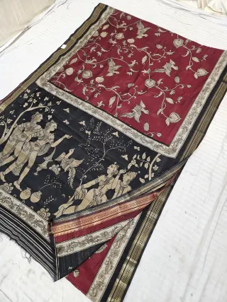Crimson Maroon and Black Viscose Kalamkari Soft Silk Saree with Celestial Apsara & Bird Floral Jaal Motif