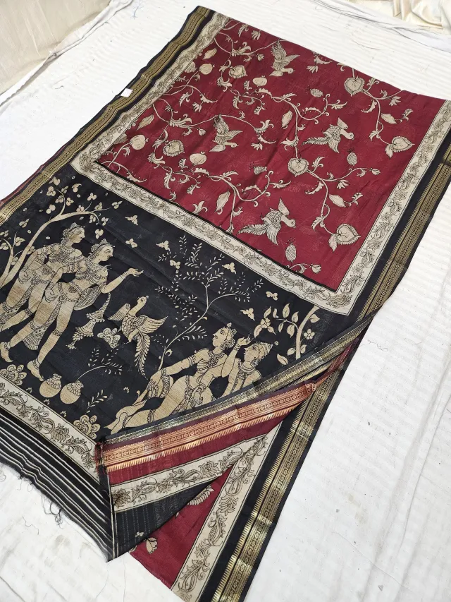 Crimson Maroon and Black Viscose Kalamkari Soft Silk Saree with Celestial Apsara & Bird Floral Jaal Motif