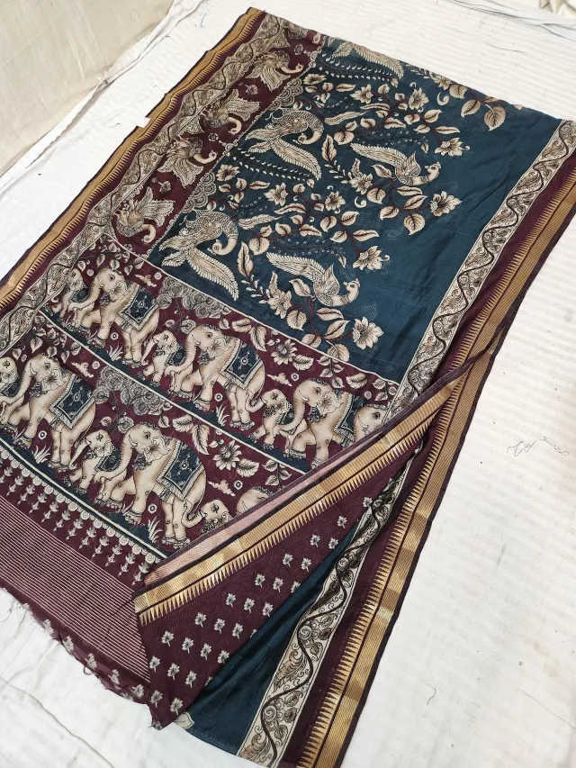 Peacock Teal and Maroon Viscose Kalamkari Soft Silk Saree with Royal Elephant Procession & Tree of Life Motif