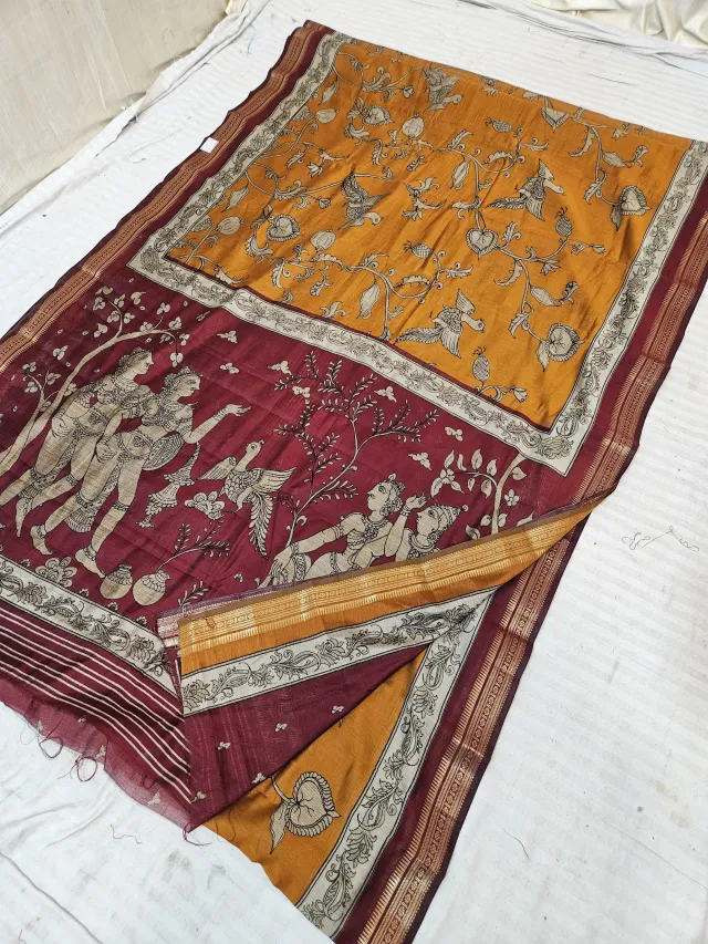 Mustard Gold and Maroon Viscose Kalamkari Soft Silk Saree with Celestial Apsara & Bird Floral Jaal Motif