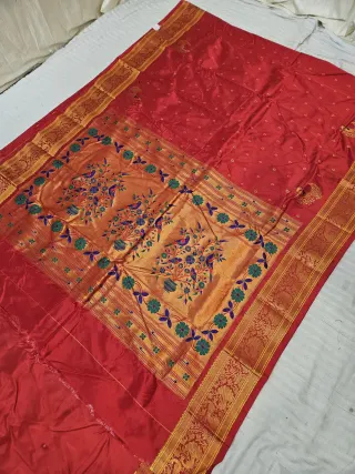 Rich Red Soft Silk Self Paithani Woven Meenakari Mor Jhar Pallu Saree