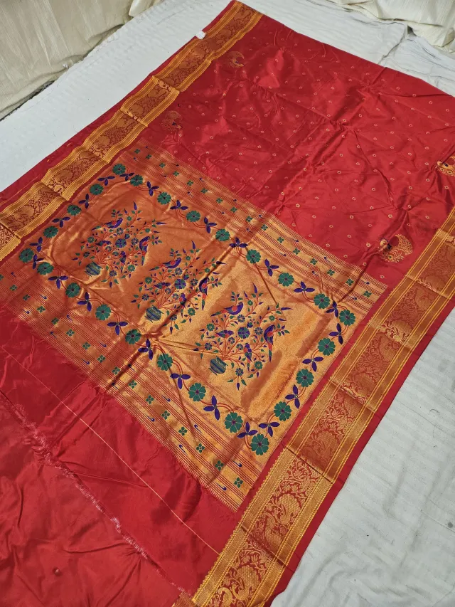 Rich Red Soft Silk Self Paithani Woven Meenakari Mor Jhar Pallu Saree