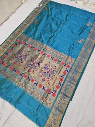 Peacock Blue Soft Silk Self Paithani Woven Meenakari Mor Jhar Pallu Saree