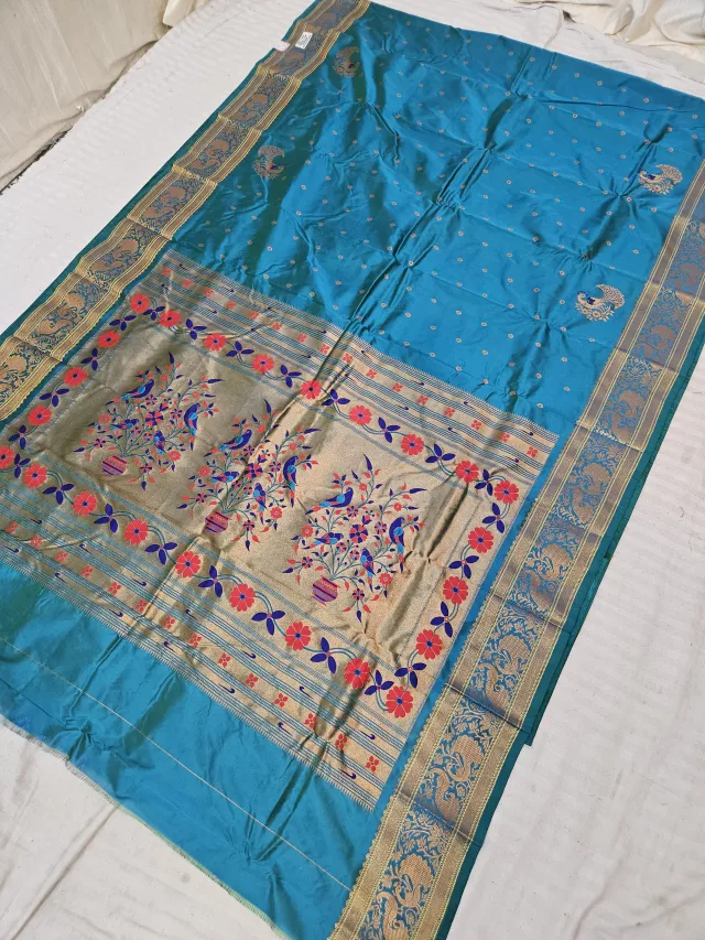 Peacock Blue Soft Silk Self Paithani Woven Meenakari Mor Jhar Pallu Saree