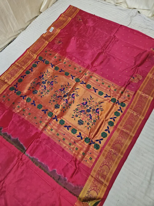 Rani Pink Soft Silk Self Paithani Woven Meenakari Mor Jhar Pallu Saree