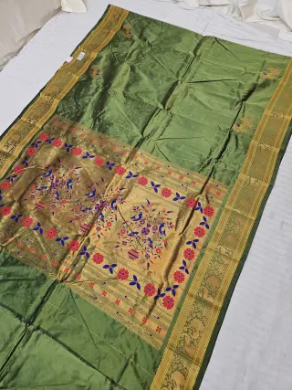 Mustard Yellow Dual Tone with Green Soft Silk Self Paithani Woven Meenakari Mor Jhar Pallu Saree