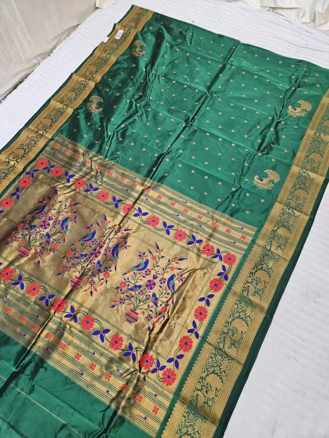 Bottle Green Soft Silk Self Paithani Woven Meenakari Mor Jhar Pallu Saree