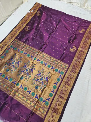 Wine Soft Silk Self Paithani Woven Meenakari Mor Jhar Pallu Saree