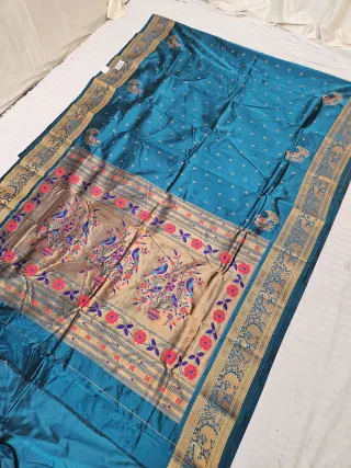 Firoza Blue Soft Silk Self Paithani Woven Meenakari Mor Jhar Pallu Saree
