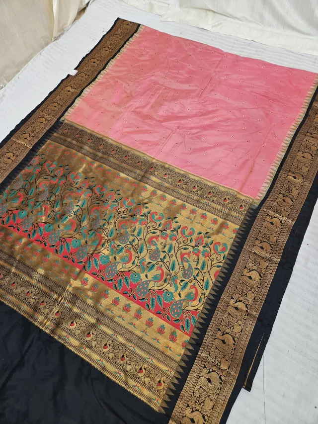 Peach with Black Contrast Soft Silk Paithani Meena Woven Peacock Jaal Tissue Pallu Saree