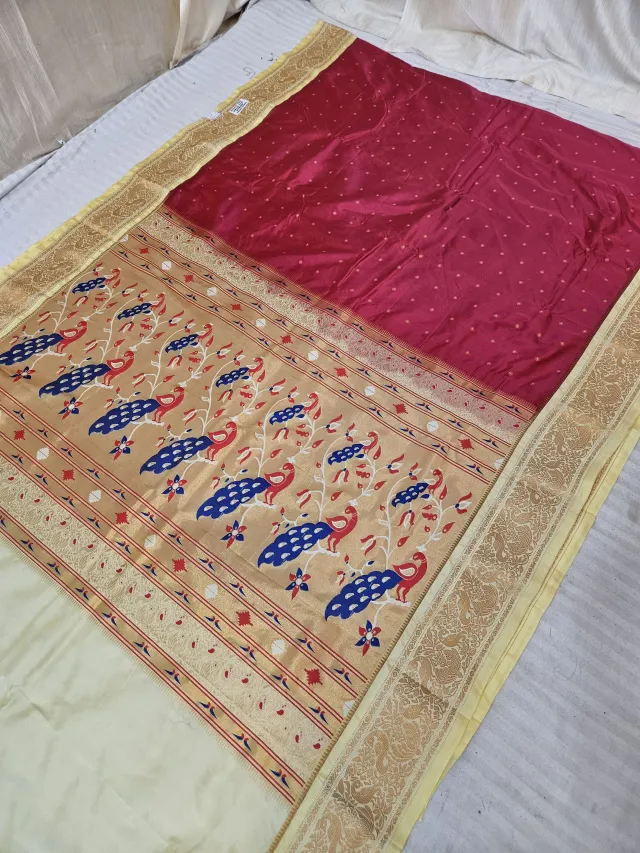 Maroon with Beige Contrast Soft Silk Paithani Meena Woven Dancing Peacock Zari Pallu Saree
