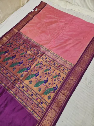 Peach with Plum Purple Contrast Soft Silk Paithani Meena Woven Dancing Peacock Zari Pallu Saree