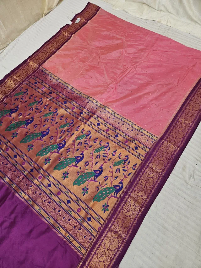 Peach with Plum Purple Contrast Soft Silk Paithani Meena Woven Dancing Peacock Zari Pallu Saree