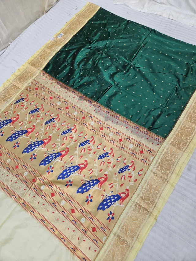 Bottle Green with Beige Contrast Soft Silk Paithani Meena Woven Dancing Peacock Zari Pallu Saree
