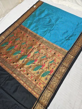 Firoza Blue with Black Contrast Soft Silk Paithani Meena Woven Dancing Peacock Zari Pallu Saree