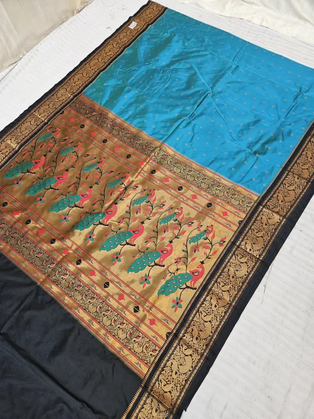 Firoza Blue with Black Contrast Soft Silk Paithani Meena Woven Dancing Peacock Zari Pallu Saree