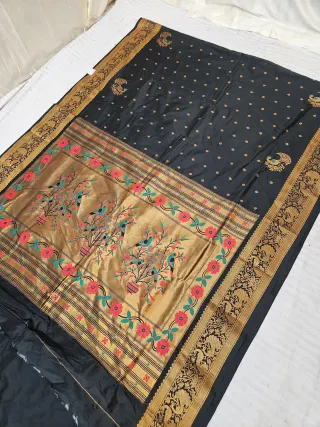 Midnight Black Soft Silk Self Paithani Woven Meenakari Mor Jhar Pallu Saree