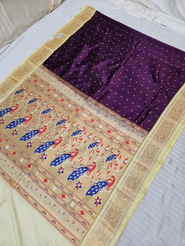 Purple with Beige Contrast Soft Silk Paithani Meena Woven Dancing Peacock Zari Pallu Saree
